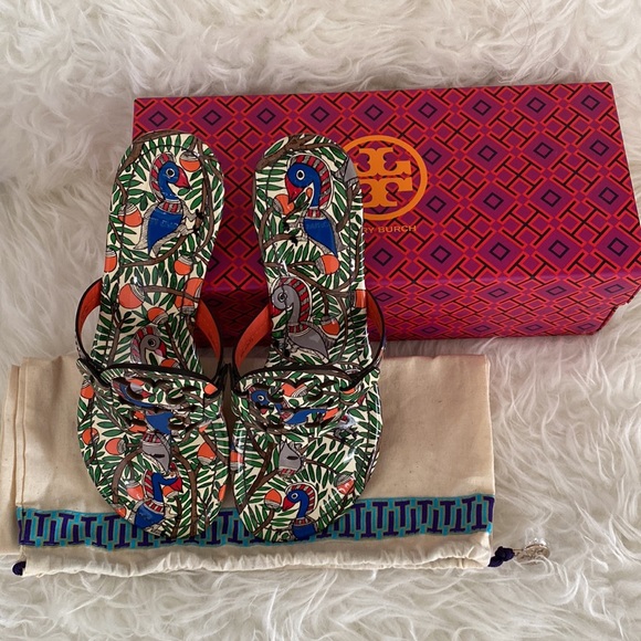 Tory Burch Women's Miller Printed Patent Leather Orange Something Wild Sandals - Picture 12 of 13